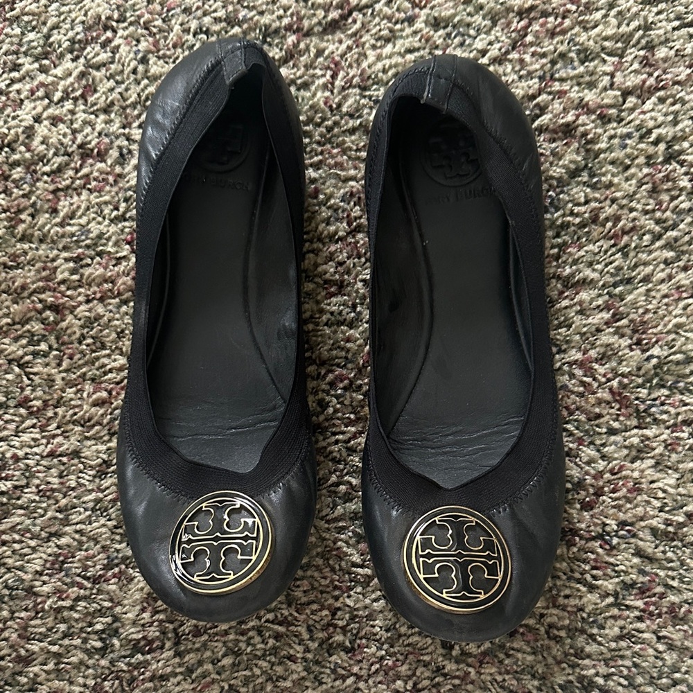 Tory Burch Black Leather Flats with Gold Logo